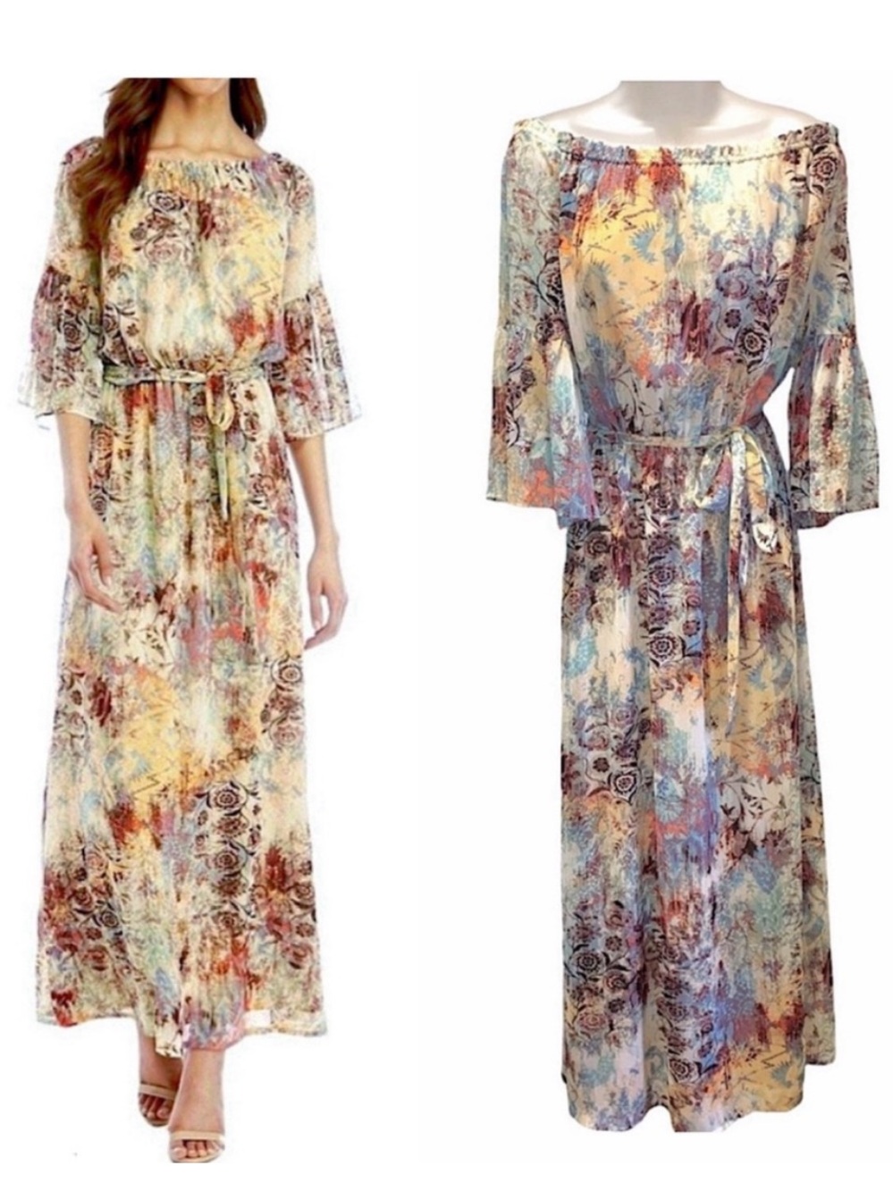 Nine West Sand Dune Off the Shoulder Tie Waist Boho Abstract Maxi Dress 6 Cream